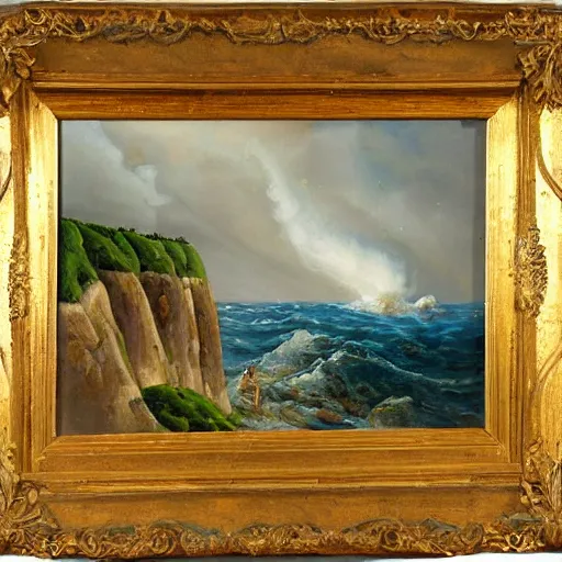 Image similar to john avon painting of a castle on a cliff near the stormy sea