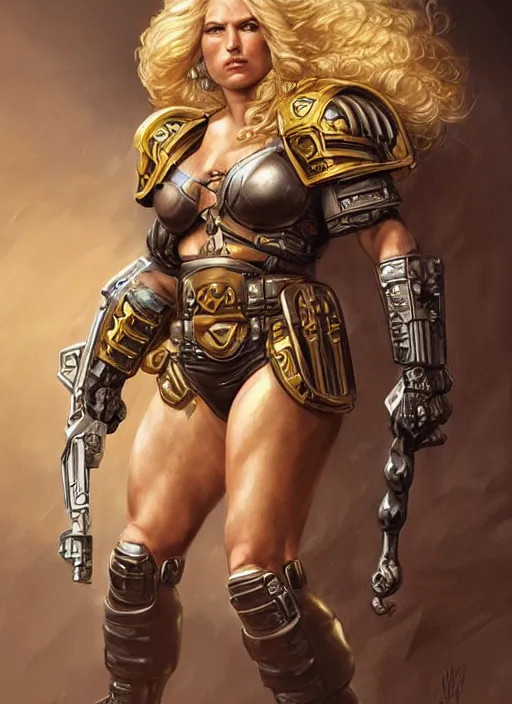 Image similar to very muscled Amazon blonde SPACE MARINE as a ruggedly mean looking heroine, intricate, elegant, highly detailed, centered, digital painting, artstation, concept art, smooth, sharp focus, illustration, art by artgerm and donato giancola and Joseph Christian Leyendecker, WLOP