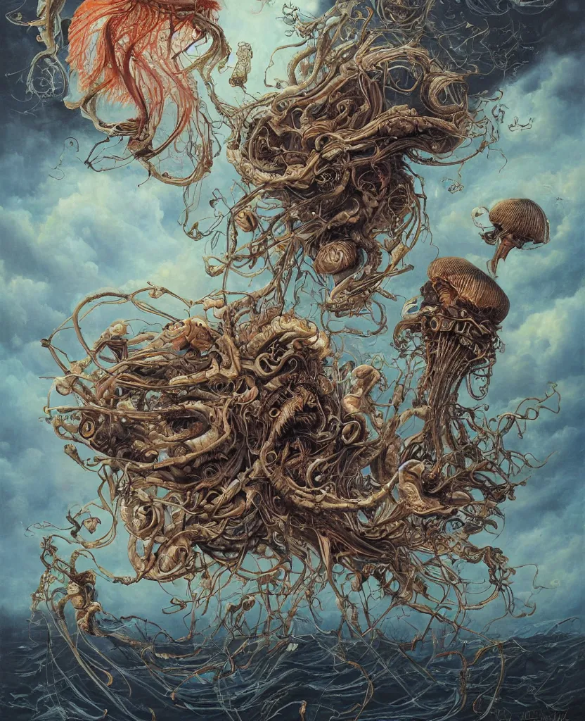 Image similar to an anatomical oil painting of a Harpy jellyfish from a medical journal by Nychos, Julie Bell, Peter Mohrbacher highly detailed, high detail, 8k, storm clouds, birds, dramatic lighting