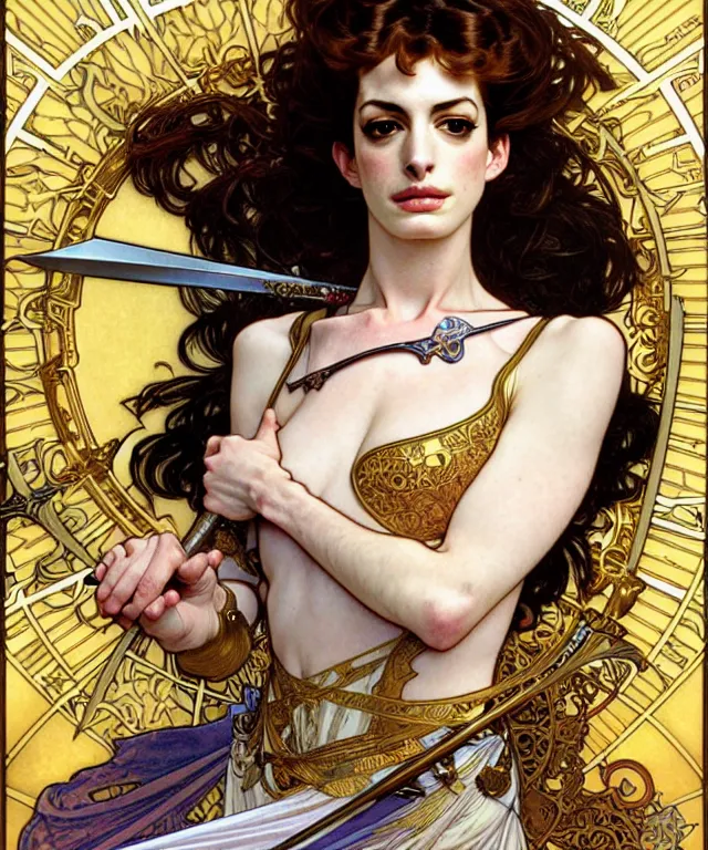 Prompt: realistic detailed face portrait of anne hathaway as goddess of swords wearing a golden outfit by alphonse mucha, ayami kojima, amano, greg hildebrandt, and mark brooks, male, art nouveau, neo - gothic, gothic