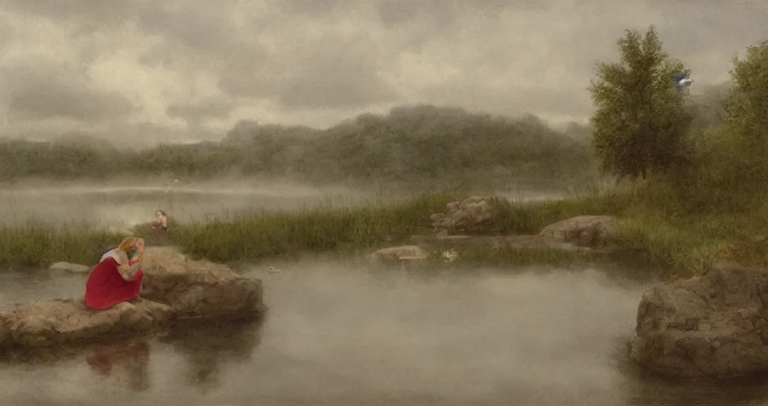 Prompt: peasant girl swimming in the lake, the other girl is watching from the shore and sitting on a stone, high angle view, foggy, high-key lightning, realistic, aesthetic, sad atmosphere, neutral colors, detailed illustration, oil on canvas Polaroid photo, Bleach bypass, in style of simplified realism, 4k, octane render, by Karl Brullov, by Andrei Tarkovsky, by Steve Hanks