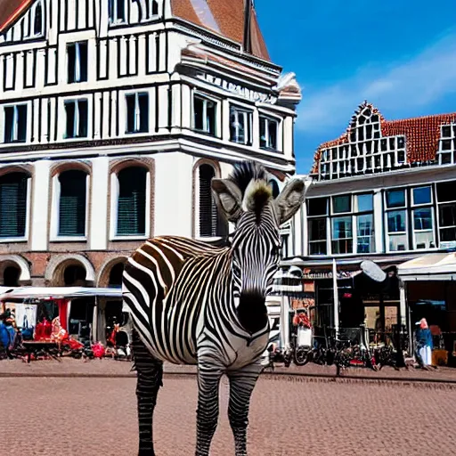 Prompt: photograph of a zebra on the market square in Delft with the Nieuwe Kerk in the background