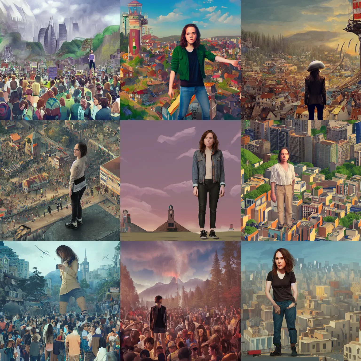 Prompt: Giant Ellen Page stands next to a town, surrounded by people, digital art, trending on ArtStation, Gulliver's Travels