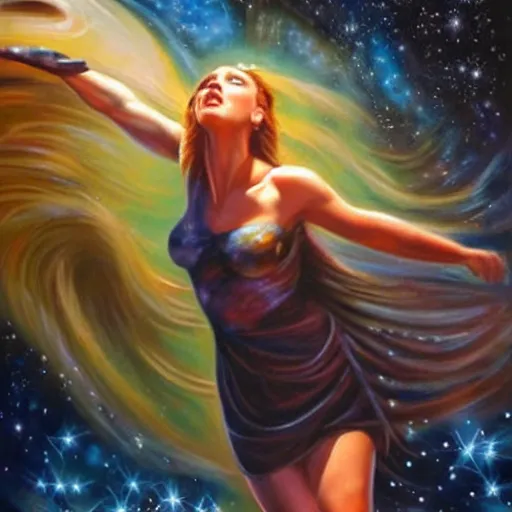 Image similar to Scarlett Johansson running from falling comets towards the camera, very very very epic painting by Julie Bell