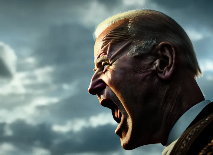 Image similar to cinematic film still of joe biden as leonidas shouting in 3 0 0 movie, 8 k, epic moody sky, dramatic lighting