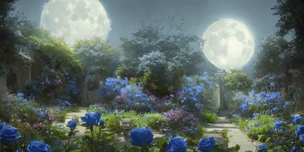 Prompt: a beautiful painting of the blue roses garden and the moon, greg rutkowski style, trending on artstation