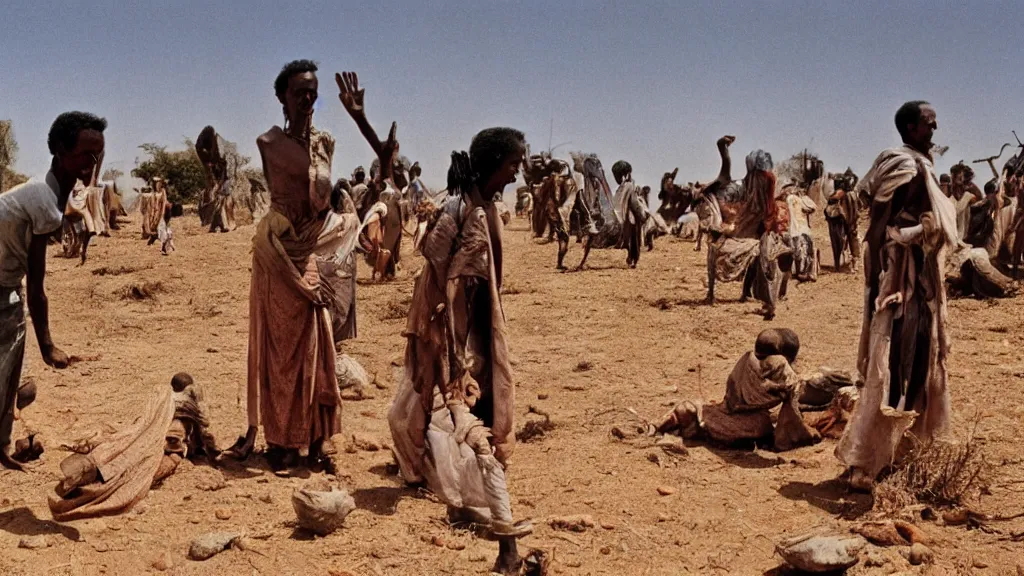 Image similar to 1984 Ethiopian famine and drought as seen on television, large-format photography, movie scene, illustrative, hd, 4k