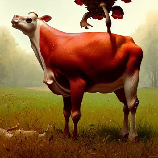 Image similar to many mushrooms sprouting from a cow's back. a cow with a red skin with white dots. highly detailed, digital painting, artstation, smooth, sharp focus, masterpiece, illustration, art by greg rutkowski and alphonse mucha