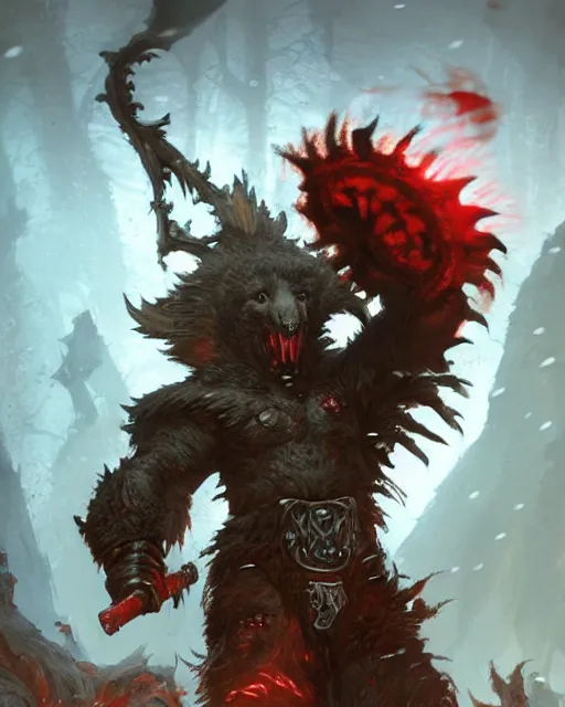 Image similar to Bear Berserker, Khorne, magic the gathering artwork, D&D, fantasy, cinematic lighting, centered, symmetrical, highly detailed, digital painting, artstation, concept art, smooth, sharp focus, illustration, volumetric lighting, epic Composition, 8k, art by Akihiko Yoshida and Greg Rutkowski and Craig Mullins, oil painting, cgsociety