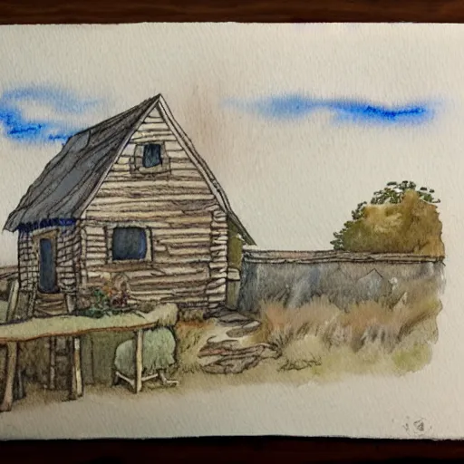 Prompt: a watercolor and ink painting of a cottage, drawn on white parchment paper, vibe, atmosphere, detailed, muted colors