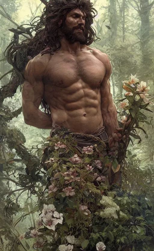 Image similar to god of the forest, 3 0 years old, rugged, male, gorgeous, detailed face, amazing, thighs!!!!!!, flowers, muscular, intricate, highly detailed, digital painting, artstation, concept art, sharp focus, illustration, art by greg rutkowski and alphonse mucha