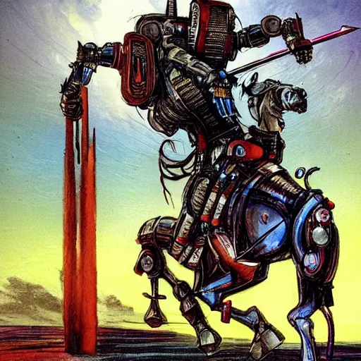 Prompt: a cybernetic knight holding a lance, riding a cyborg horse, sci fi, retro, illustrated by Richard Powers