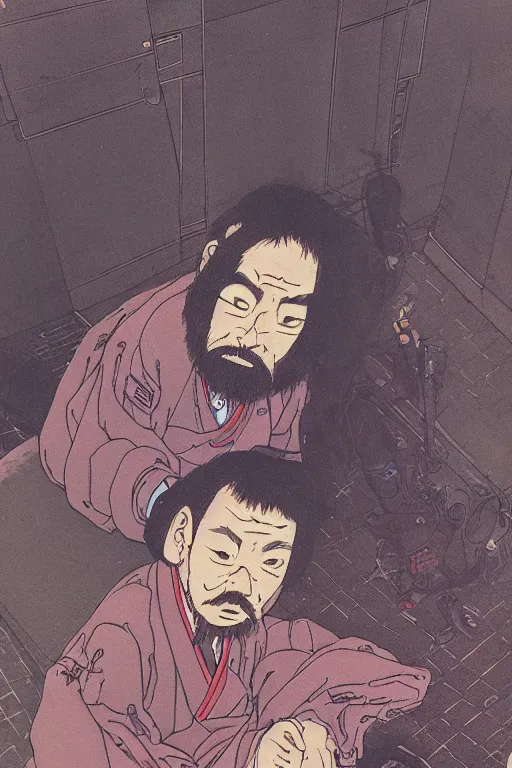 Prompt: awe-inspiring 1980s Japanese cyberpunk style illustration of a grandfather with a beard sitting on the floor by Masamune Shiro and Katsuhiro Otomo, studio ghibli color scheme, dark, complex