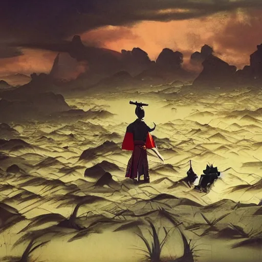 Prompt: wide angle cinematic shot of a traditional samurai in full armor with lots of cats and kittens, sci fi landscape background by denis villeneuve, amano, yves tanguy, alphonse mucha, max ernst, caravaggio, roger dean, masterpiece, rich moody colours