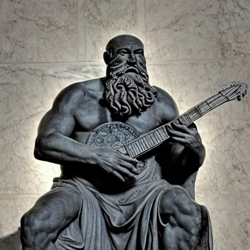 Image similar to epic greek marble statue of a bald man with a long beard, playing a guitar, photo, chiaroscuro