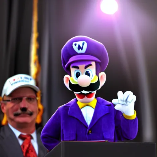 Image similar to photograph of waluigi as a presidential candidate giving a speech. Dramatic lighting. Award winning photography.