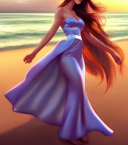 Image similar to beautiful princess in a satin dress on the beach drawn by artgerm