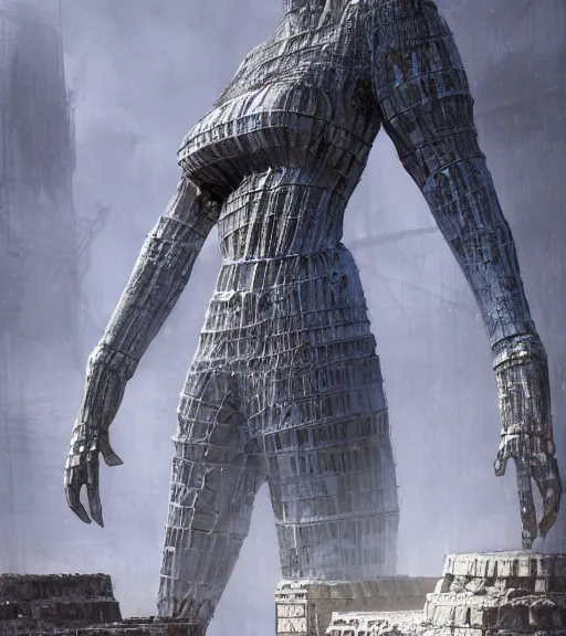 Image similar to tarkovsky greatest scene, the falling apart ancient destroyed majestic tower of babylon, a woman in futuristic cyber clothing, transparent puffer jacket, hyper realistic, cyber blockchain, cyber world, ambient lighting, concept art, intricate, hyper - detailed, smooth, dynamic volumetric lighting, octane, ray trace, cinematic, high quality, high resolution, 4 k, cgsociety