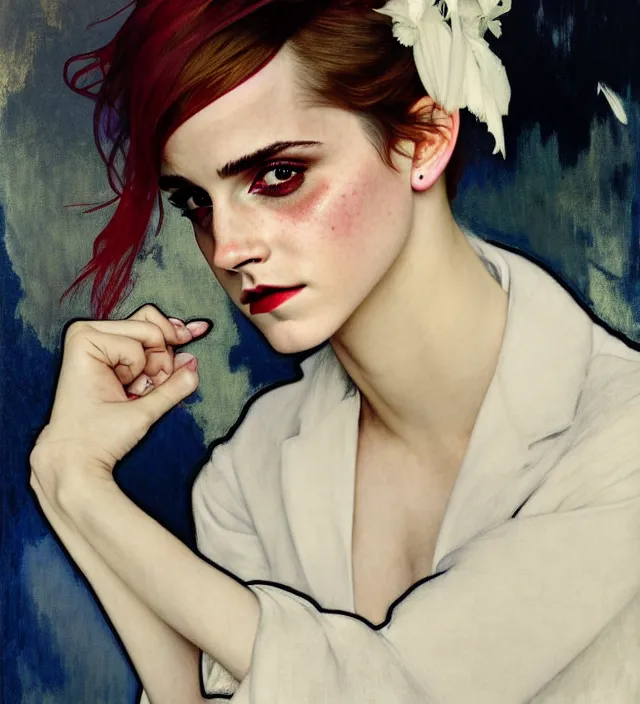 Image similar to emma watson stunning portrait of highly details androgynous ruby rose as desire from sandman, rockabilly style, white suit and black tie,, by egon shiele and alphonse mucha, with influence of jeremy mann, peter lindbergh, dave mckean, maurice sapiro, and frank moth, soft lightning, highly detailed, 8 k