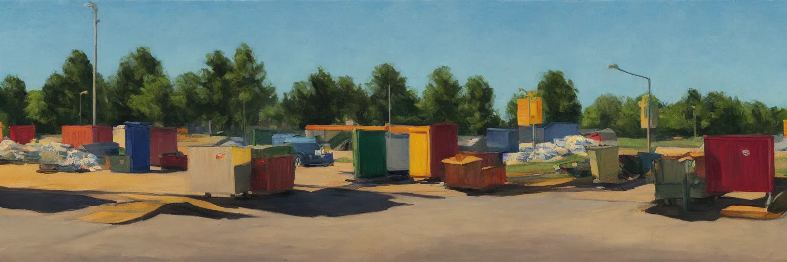 Image similar to Dumpsters by the parking lot behind a Walmart in a North American suburban strip mall by Edward Hopper