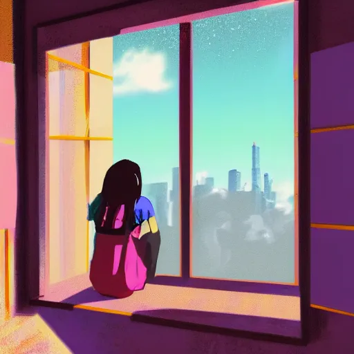 Prompt: girl looking out a window in a room full of garbage, highly detailed, vaporwave aesthetic