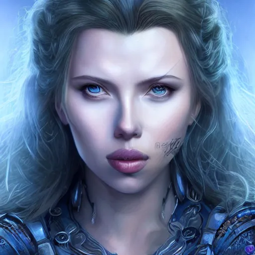 Image similar to Ultrarealistic illustration scarlet johansson as kleia from warcraft ascended angel, blue skin, portrait, beautiful, sci-fi high fantasy, intricate, elegant, highly detailed, digital painting, artstation, concept art,