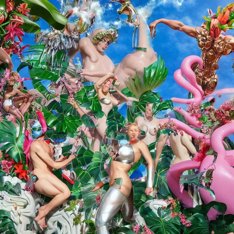 Image similar to an extreme close - up of a statue chrome cyborg lycra nymph battling a giant inflatable flamingo pool float, christmas cactus arnold schwarzenegger and monstera plants, fireworks thick smoke epic clouds, by jeff koons, hajime soryama, boris vallejo, artgerm, greg rutkowski, alphonse mucha