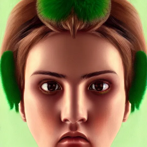 Image similar to symmetrical portrait of beautiful woman with green fuzzy hair, by nick silva, ja mong, digital, soft painting, photorealism