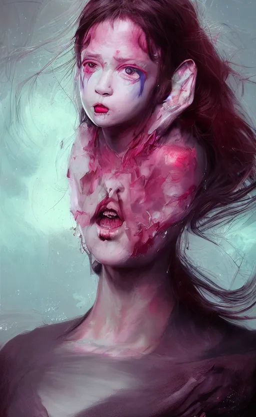 Prompt: insanely detailed full body 3 d portrait of girl with pouty aerochrome ( ( ( lips ) ) ), powerful, adorable, expressive eyes, big evil grin, kawaii playful pose of a dancer, greg rutkowski, charlie bowater, yuumei, stephen gammell, unreal 5, daz, hyperrealistic, dark, dynamic lighting, fantasy art, beautiful face