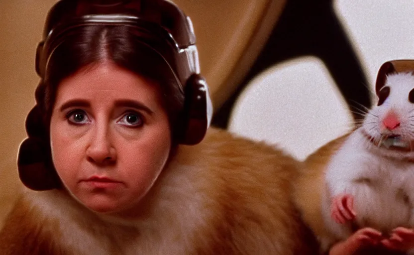 Image similar to hamster as princess leia, movie still, star wars, cinematic, sharp focus, cinematic grain, cinematic lighting, 8 k