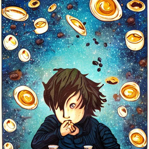 Image similar to a boy with dark eyes full of cosmic nebulae drowning in a roiling ocean of coffee spilling from a little coffee mug, nostalgic melancholic artwork