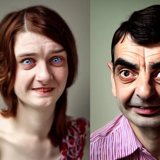 Image similar to A portrait mr bean elizabeth teams up with a teenage mr bean, perfect faces, 50 mm, award winning photography