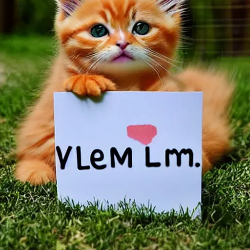 Image similar to cute fluffy orange tabby kitten with a sign that says