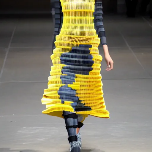 Image similar to woman wearing a cup ramen dress designed by issey miyake