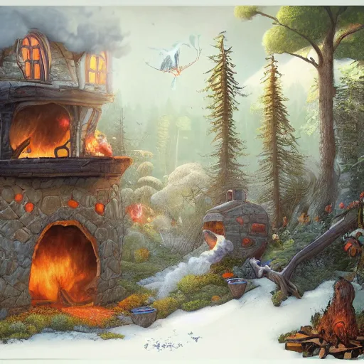 Image similar to a detailed illustration idyllic the house with smoke coming out of the chimney in the forest scene by Justin Gerard, trending on artstation, cgsociety, deviantart