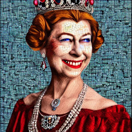 Image similar to mosaic portrait of a beautiful queen elizabeth with robot ears by Saimir Strati, 4k, intricate details, digital, water