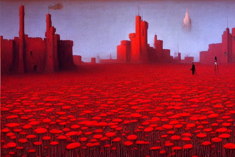 Image similar to only with red, red flowers of different types, a castle in the background, red orcs and trolls dance over the flowers, in the style of beksinski, part by hopper, part by rodcenko, part by hofbauer, intricate composition, red by caravaggio, insanely quality, highly detailed, masterpiece, red light, artstation