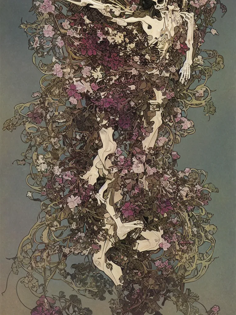 Image similar to a skeleton covered in flowers in a dynamic pose, alphonse mucha, james jean, peter mohrbacher, highly detailed, soft lighting,