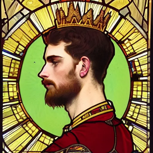 Prompt: very detailed portrait of a 3 0 year old crowned king, profile view, side view, stern and confident, he is wearing a slim golden crown with short spikes, buzzcut, stubble, red coat with white collar, stained glass art, by alphonse mucha, very masterful