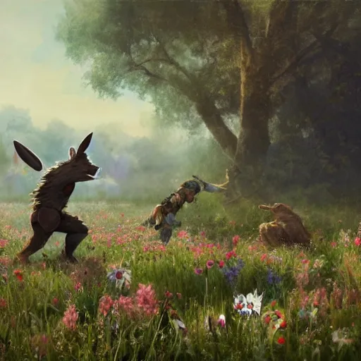 Prompt: A werewolf fighting a bunny barbarian in a field of flowers. WWII planes fly overhead, Academic painting by Greg Rutkowski, Mobile still frame. 4K UHD
