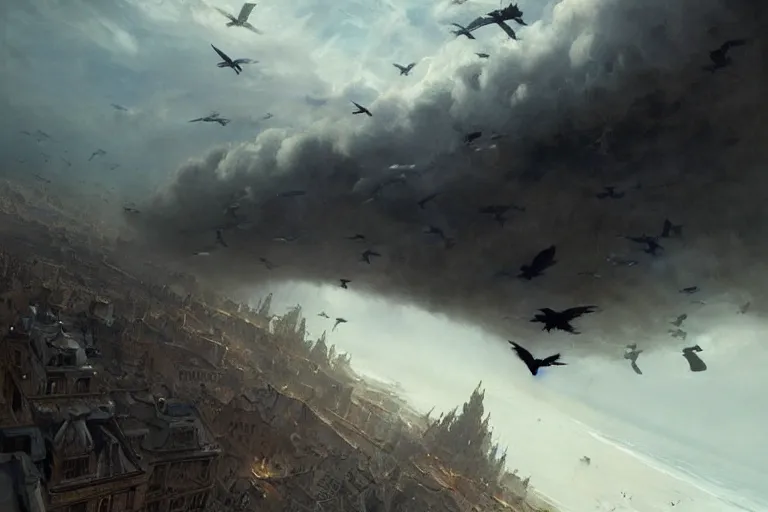 Prompt: people FLYING ON BIRDS, over the ocean, towards a GIGANTIC wall, protecting the city from black mist, cinematic, greg rutkowski, detailed, intricate