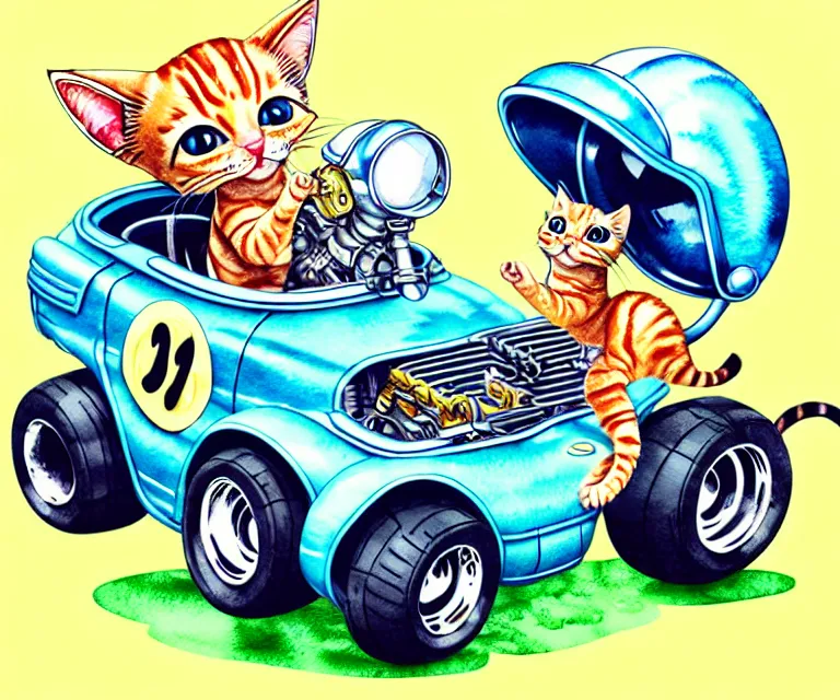 Image similar to cute and funny, kitten wearing a helmet riding in a tiny hot rod with an oversized engine, ratfink style by ed roth, centered award winning watercolor pen illustration, isometric illustration by chihiro iwasaki, edited by range murata, tiny details by artgerm and watercolor girl, symmetrically isometrically centered, sharply focused