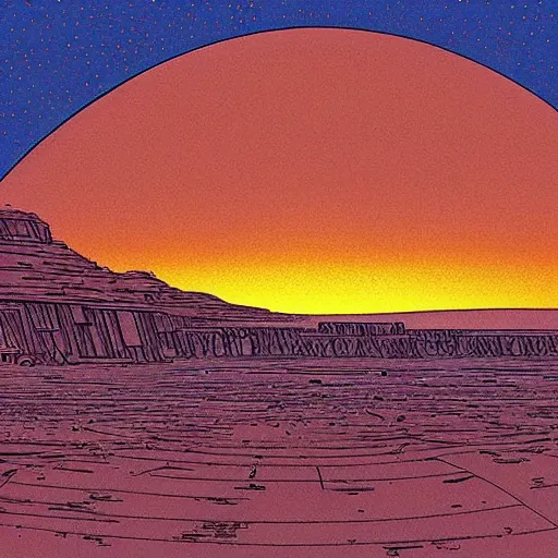 Image similar to tatooine landscape by jean giraud, moebius, sunset