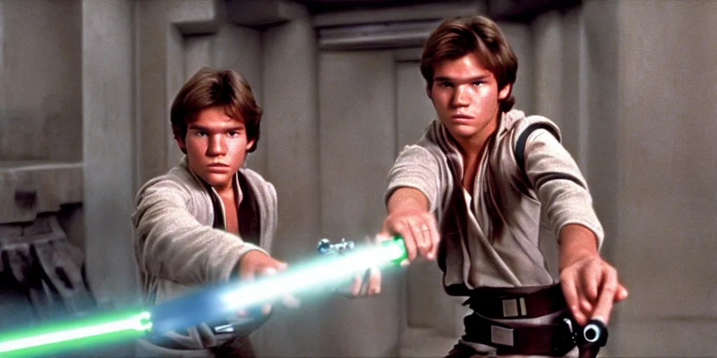 Image similar to A full color still from a film of a teenage Han Solo as a Jedi padawan holding a lightsaber hilt, inside a sci-fi building, from The Phantom Menace, directed by Steven Spielberg, 35mm 1990