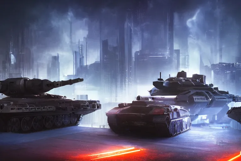 Prompt: large futuristic tank with 3 turrets taking over a futuristic city on fire, night, fog, thunder, rain, cinematic, volumetric lighting, f 8 aperture, cinematic eastman 5 3 8 4 film, photorealistic