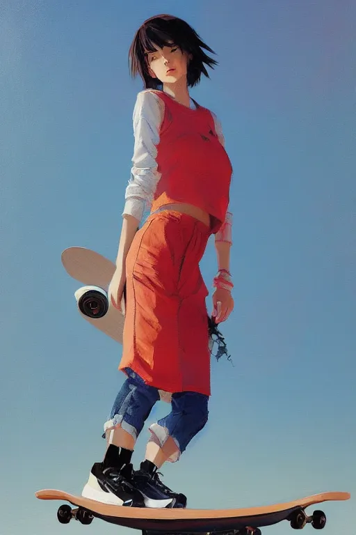 Image similar to A ultradetailed beautiful panting of a stylish woman standing on a skateboard, she is wearing streetwear, bright sunny day, Oil painting, by Ilya Kuvshinov, Greg Rutkowski and Makoto Shinkai