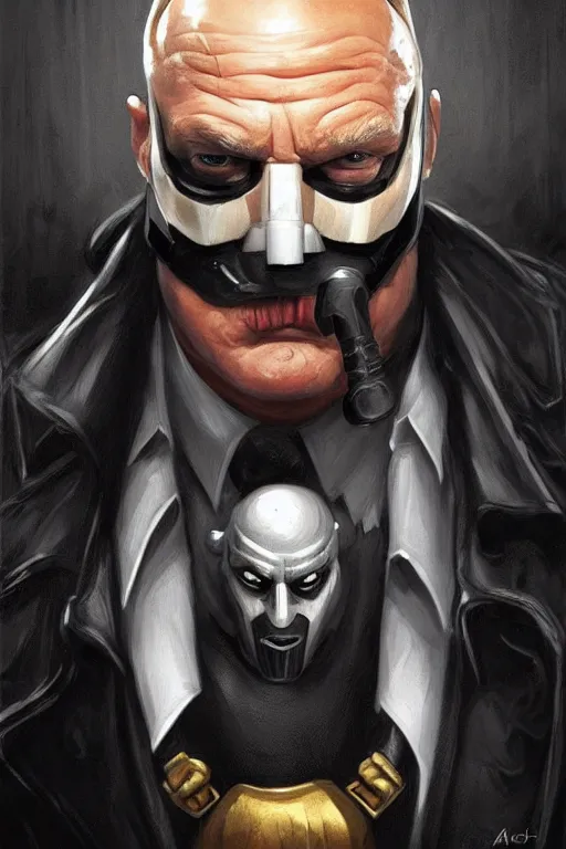 Prompt: Donald Trump as Bane from The Dark Knight, portrait, highly detailed, digital painting, artstation, concept art, smooth, sharp focus, illustration, cinematic lighting, art by artgerm and greg rutkowski and alphonse mucha