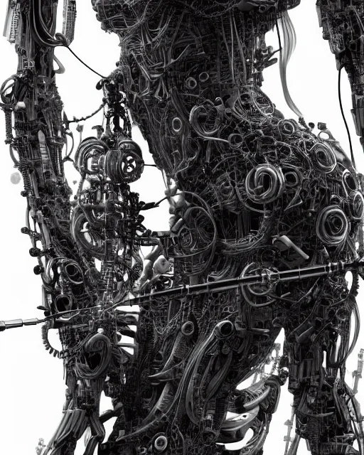 Image similar to photo of a biomechanical torso of a cyborg plugged into a quantum computer with cables and wires. cyberpunk horror style. art by luis royo. highly detailed 8 k. intricate. nikon d 8 5 0 5 5 mm. award winning photography.