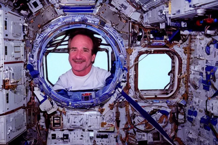 Image similar to 35mm Robbin Williams color portrait photo on the international space station, by Emmanuel Lubezki