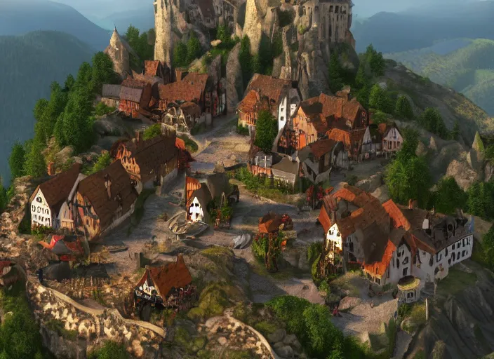 Image similar to ! dream a [ medieval ]!! german village with people selling various items, sitting on stiffly vivacious mountain ridges, trending on artstation, 4 k quality, polycount